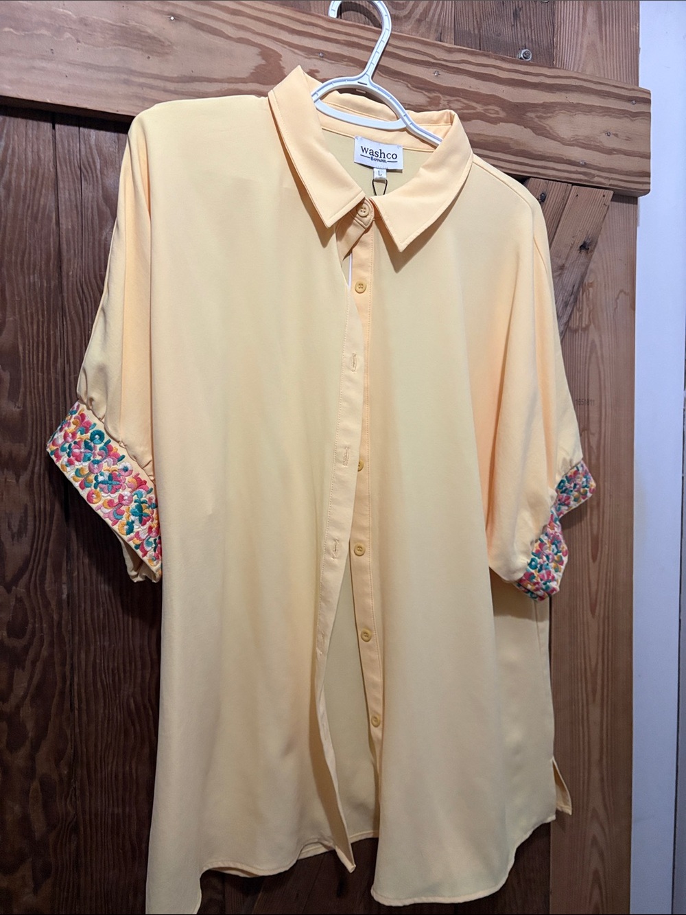 Pale Yellow Embroidered-Cuff Button-Up Blouse